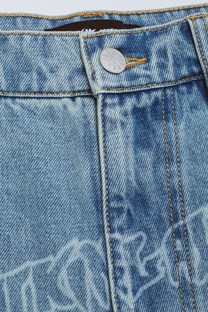 Lasered AOP Denim Shorts