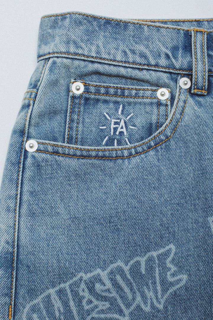 Lasered AOP Denim Shorts