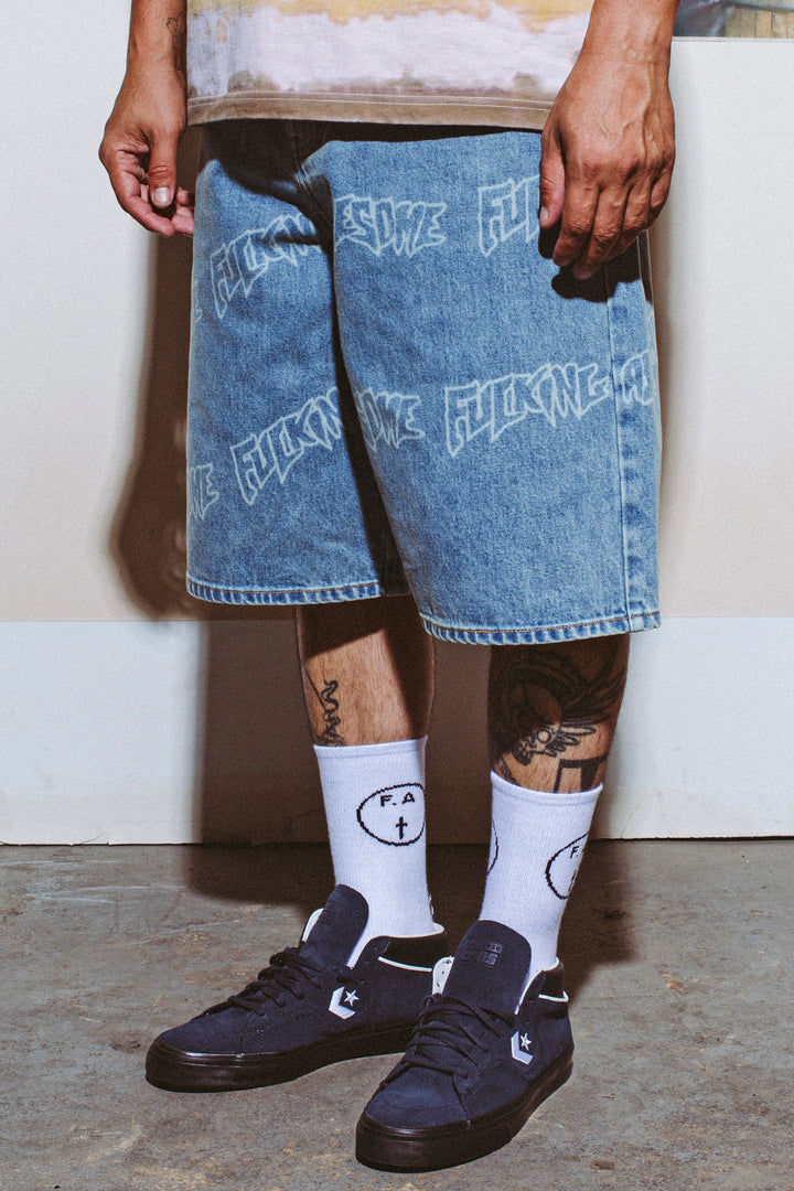 Lasered AOP Denim Shorts